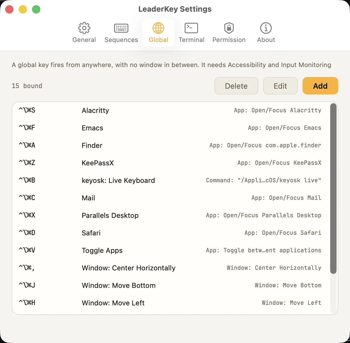 LeaderKey Settings on the Global pane: fifteen bound, each a chord such as Control-Option-Command-S beside its name — Alacritty, Emacs, Finder, Mail, Safari, Toggle Apps, window moves — and its action summarised on the right, with Delete, Edit and an amber Add button above.