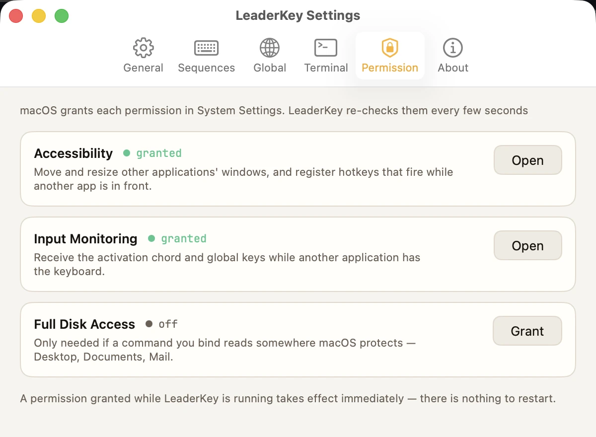 LeaderKey Settings on the Permission pane: Accessibility granted and Input Monitoring granted, each with an Open button, and Full Disk Access off with a Grant button, each with one line on what it is for.