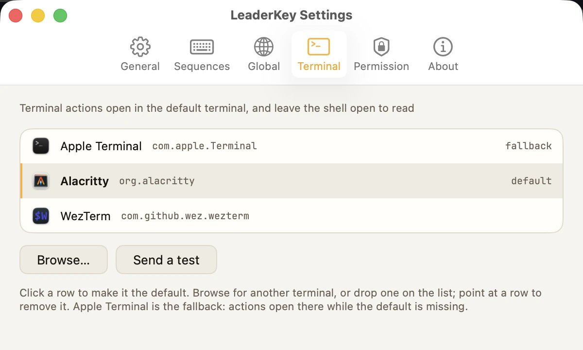 LeaderKey Settings on the Terminal pane: Apple Terminal marked fallback, Alacritty with the amber rail marked default, and WezTerm, each with its bundle id, above Browse and Send a test buttons.