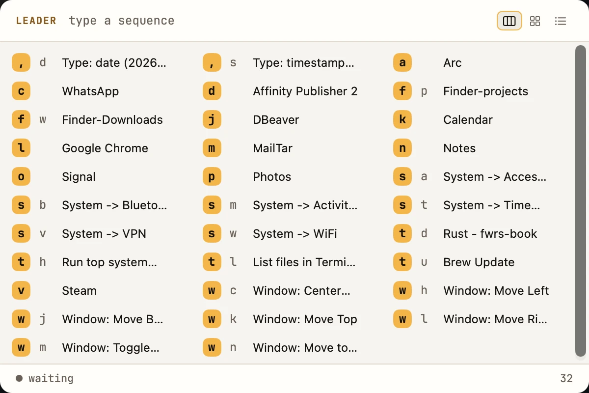 The LeaderKey window in the light appearance, compact layout: thirty-two bindings in three columns, each an amber key cap, any keys after it as bare glyphs, then its name — Arc, WhatsApp, Finder-Downloads, Window: Move Left and so on — with waiting and 32 in the footer.