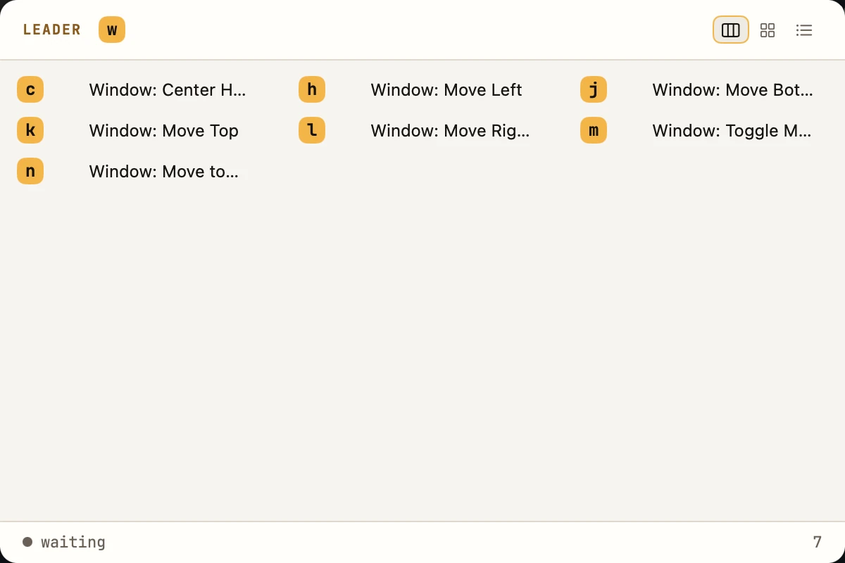 The same window after typing w: the w sits in the input line as an amber cap, and seven window bindings remain, each showing only the one key still to type.